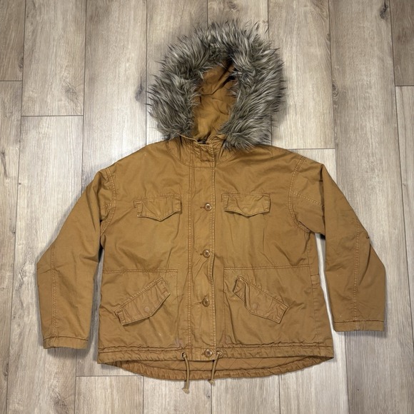 American Eagle Outfitters Jackets & Blazers - American Eagle Overcoat Jacket Womens Medium M Khaki Brown Fur Hood Flap Pockets